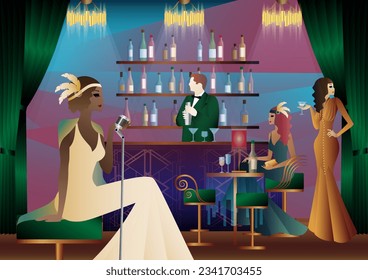 Party with a singer and a bartender in a club. Party invitation design in retro art deco style.