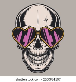 Party Skull Colorful Sticker Vintage Club Glasses In Form Hearts For Entertaining Hangouts At Festival And Festive Rave Vector Illustration