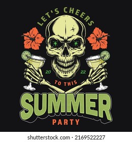 Party skull vintage colorful flyer summer rave with alcoholic cocktails mojito or hangout in Hawaiian style vector illustration