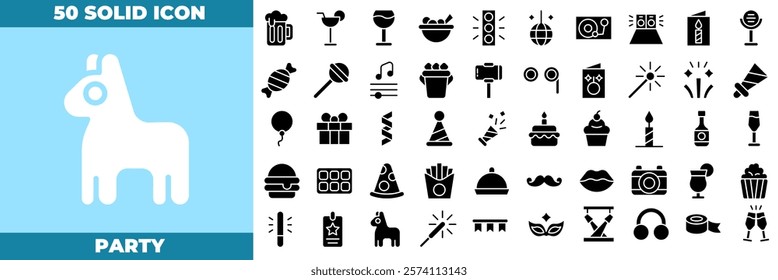 Party Solid Editable Icons set. Vector illustration in modern thin solid style of party icons: event, dinner, pizza, etc