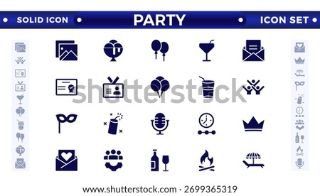 Party Solid icon set. Included icons as celebrate, celebration, dancing, music, congrats, and more.Party, celebration, anniversary elements, Solid web icon set. Solid icons collection.