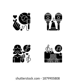 Party songs ideas black glyph icons set on white space. Ethnical latin musical instruments. Fancy lounge music. Classic piano songs. Silhouette symbols. Vector isolated illustration