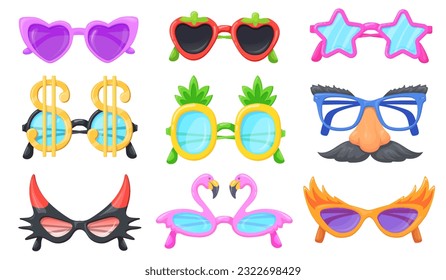 Party spectacles. Funny glasses, carnival dress 70s eye accessories hippie sunglasses dollar stars heart lens frame, funky hipster eyeglasses fun specs set neat vector illustration