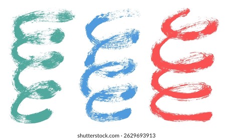 Party spirals set. Brush stroke paint squiggles lines. Hand drawn vector kids confetti. Linear dye scribble elements set isolated on white background..