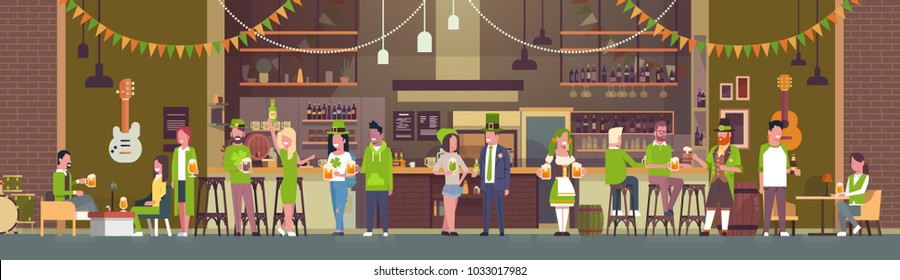 Party For St. Patricks Day In Irish Pub Or Bar With Group Of People Wearing Green Clothes And Drinking Beer Flat Vector Illustration