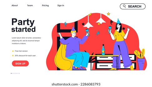 Party started concept for landing page template. Happy man and woman drinking champagne and having fun. Celebrating holiday people scene. Vector illustration with flat character design for web banner