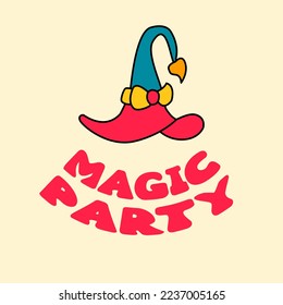 Party sticker with fancy Witch hat. Vector illustration.