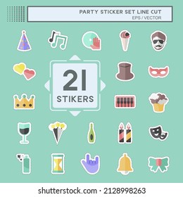 Party Sticker Set in trendy line cut isolated on blue background