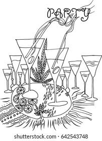 party, still life with drink and holiday attributes, sketch, creative invitation or greeting cards template. Anniversary, Birthday, wedding, party, social media banners 