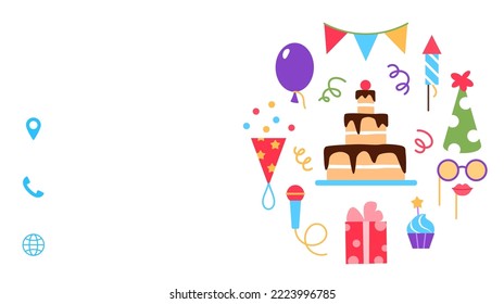 Party store business card template. Event service visit card design. Bright colorful celebrating flat elements for birthday carnival festival. Fun muffin cake mask balloon rocket vector illustration.