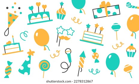Party store flat line business card template. Event service visit card design. Bright celebrating color elements for birthday carnival festival. Fun cake balloon muffin gift box vector illustration.