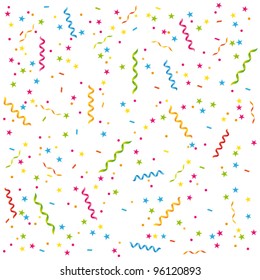 Party streamers and confetti. Birthday card or celebration vector background.