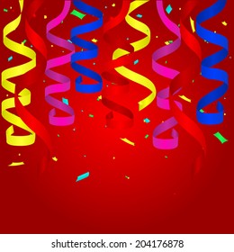 party streamers and confetti red background. Vector illustration