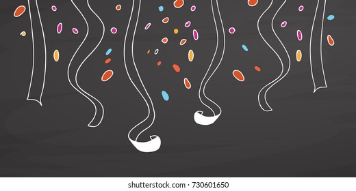 Party streamers doodles on chalkboard. Handdrawn vector sketch, clean outlines, vintage style blackboard.