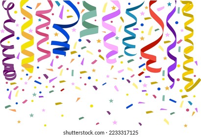 Party streamers, serpentine, curly paper ribbons and confetti. Multicolored Christmas or Birthday party decorations. Vector design for greeting card, invitation. Illustration on white background. 