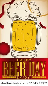 Party with streamers, stamp, stein beer glass in hand drawn style and greeting ribbon to celebrate Beer Day.