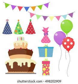 Party Stuff with Colorful Party Hat, Balloons, Party Flag, Gift and Cake.