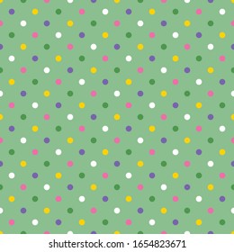 Party style polks dots seamless pattern on pastel green background for packaging, fabric, wallpaper, stationery, birthday cards.