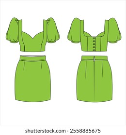 Party Stylish Green blouse with puff sleeves, perfect for fashion Skirt