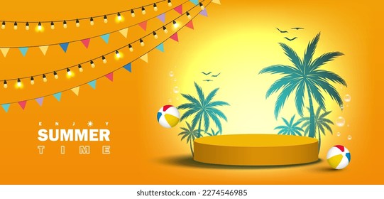 Fondo de verano de fiesta Podio amarillo para la decoración de la exposición de productos con decoración de luces, lujosa bandera y elementos en la fiesta de verano. Soporte de producto. Ilustración vectorial.