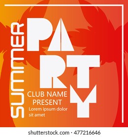 party summer palm tree tipography celebration card advertising icon. Colorful design orange yellow red colors. Vector illustration