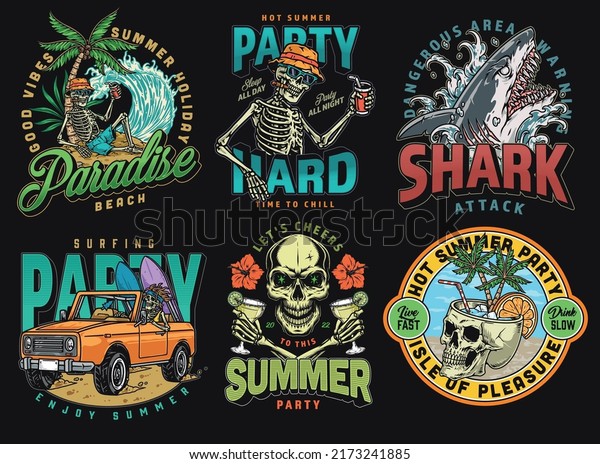 Party summer set colorful posters vintage\
skeletons with iced cocktails spend holiday on tropical beach with\
surfboards vector\
illustration