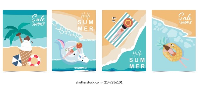 Party summer time postcard with pool and beach in the daytime background