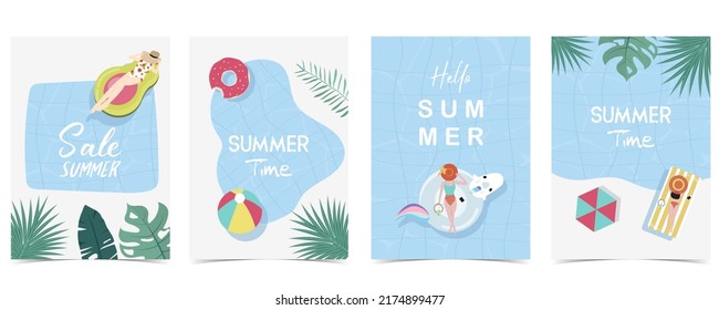 Postal de verano de fiesta con piscina y playa de fondo diurno