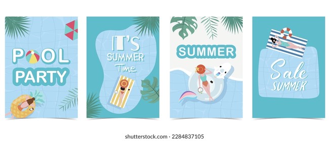 Postal de verano de fiesta con piscina y playa de fondo diurno