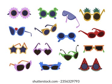 party sunglasses set. holiday masquerade sunglasses set of isolated objects, cartoon carnival decorative glasses. vector cartoon items.