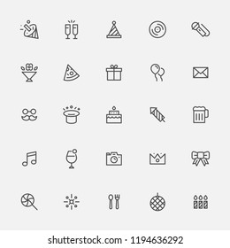 Party Supplies and Celebration Gifts Black line icon set. flat design style vector graphic illustration