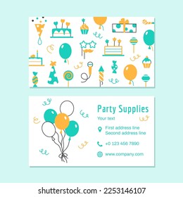 Party supplies color business card template. Flat line event service visit card design. Bright celebrating elements for birthday carnival festival. Fun cake balloon muffin gift vector illustration.