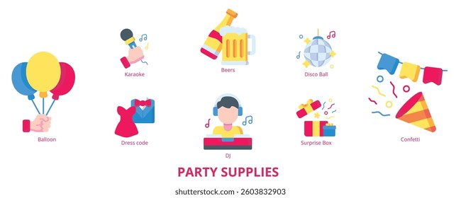 Party Supplies Flat Banner Web Icon Set Vector Illustration