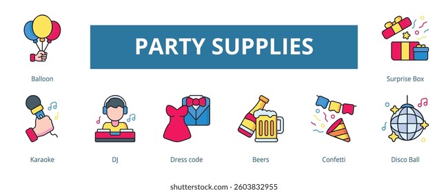 Party Supplies Lineal Color Banner Web Icon Set Vector Illustration