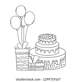 party sweet cake with gifts and balloons helium