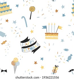 Party sweets seamless pattern. Happy Birthday celebration background with candy, cake, lollipop, ice cream. Kid festal party design.