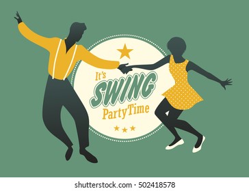 Party Swing: Young couple silhouettes dancing swing, rock or lindy hop. Retro style