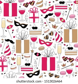 Party symbols seamless background. Celebration pattern in doodle style.