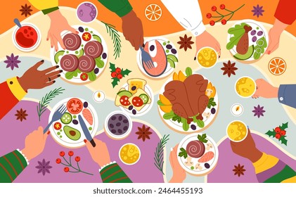 Party table. Family dinner. Lunch meal. Friends meeting. People talking and eating holiday food together. Drink cups. Chicken and snacks on plates top view. Bright tablecloth. Vector tidy illustration