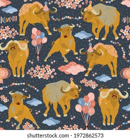 Party Taurus and oxen seamless repeat pattern in pink and blue