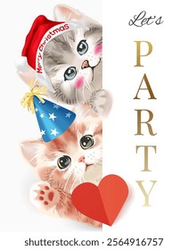 party template card with cute couple kitten in party hats vector illustration