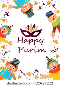 Party template design with funny jesters, props and hamantaschen cookies on white background for Happy Purim celebration.