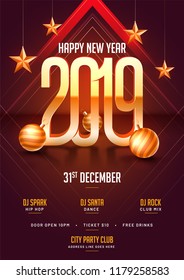 Party template or flyer design with 3d stylish text 2019 on brown background decorated with baubles and stars for New Year celebration.