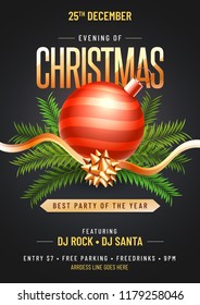 Party template or flyer design decorated with Christmas Ornaments such as decorative ball, golden ribbon with date and venue details on black background.