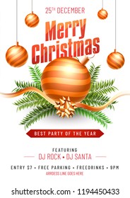 Plantilla de fiesta o diseño de volante decorado con adornos navideños como bola decorativa, cinta dorada con detalles de fecha y lugar sobre fondo blanco.