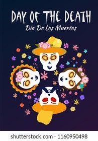 Party template or flyer design with sugar skulls or calaveras and Day Of The Dead lettering for festival celebration. Can be used as greeting card design.