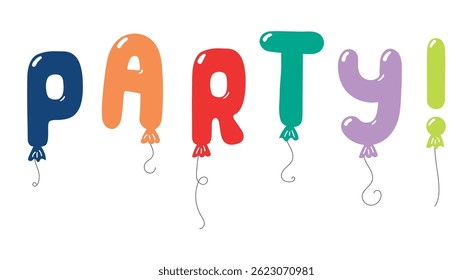 Party text, letter shaped balloons flying, festive decorations, garland, isolated vector illustration on transparent. Holiday, birthday, celebration, anniversary card, banner design element