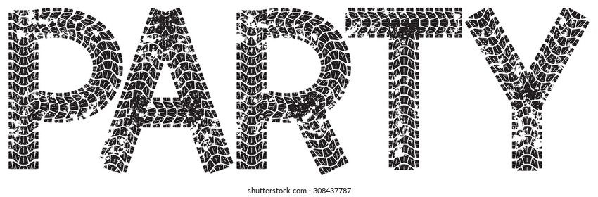 Party text with the letters made from motorcycle tire tracks, isolated on white