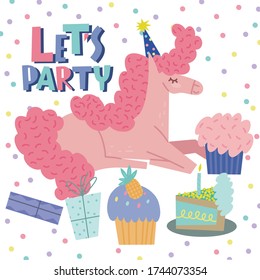 Let’s party text phrase with cute pink horse character and cake vector greeting card template. 