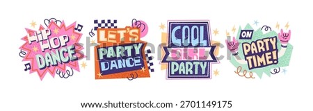 Party text shapes in retro cartoon style. Lettering: dance, party, girl, stars, ribbons, music. Bright celebration captions with fun expressive look for energetic party visuals and bold stickers vibe